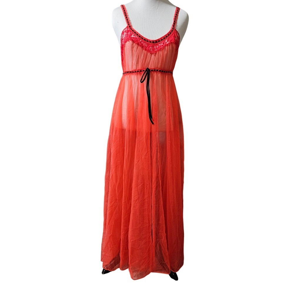 Vintage Red Sheer Maxi Nightgown Babydoll Nighty Womens Small